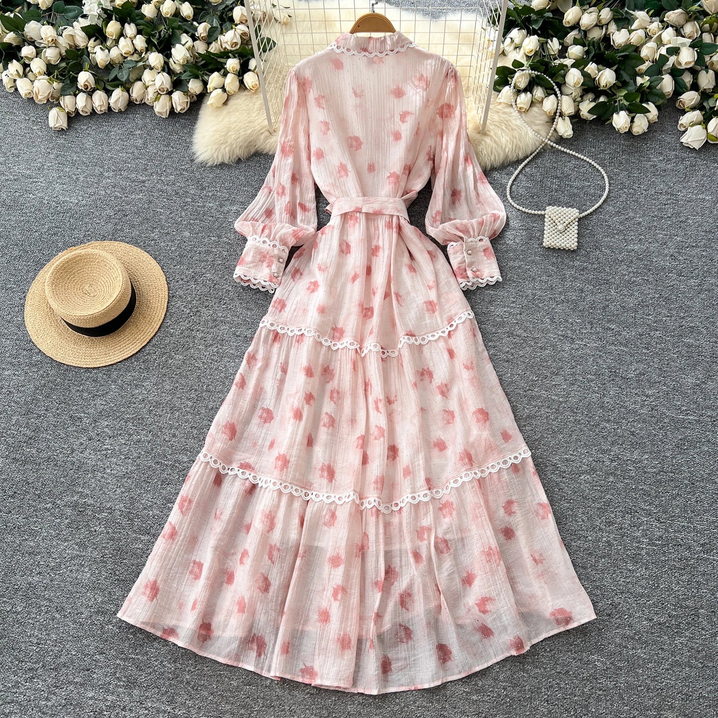 Chic vintage rhinestone lace-up slim Elegant Fairy korean fashion Boho Sundress women clothing Long dress