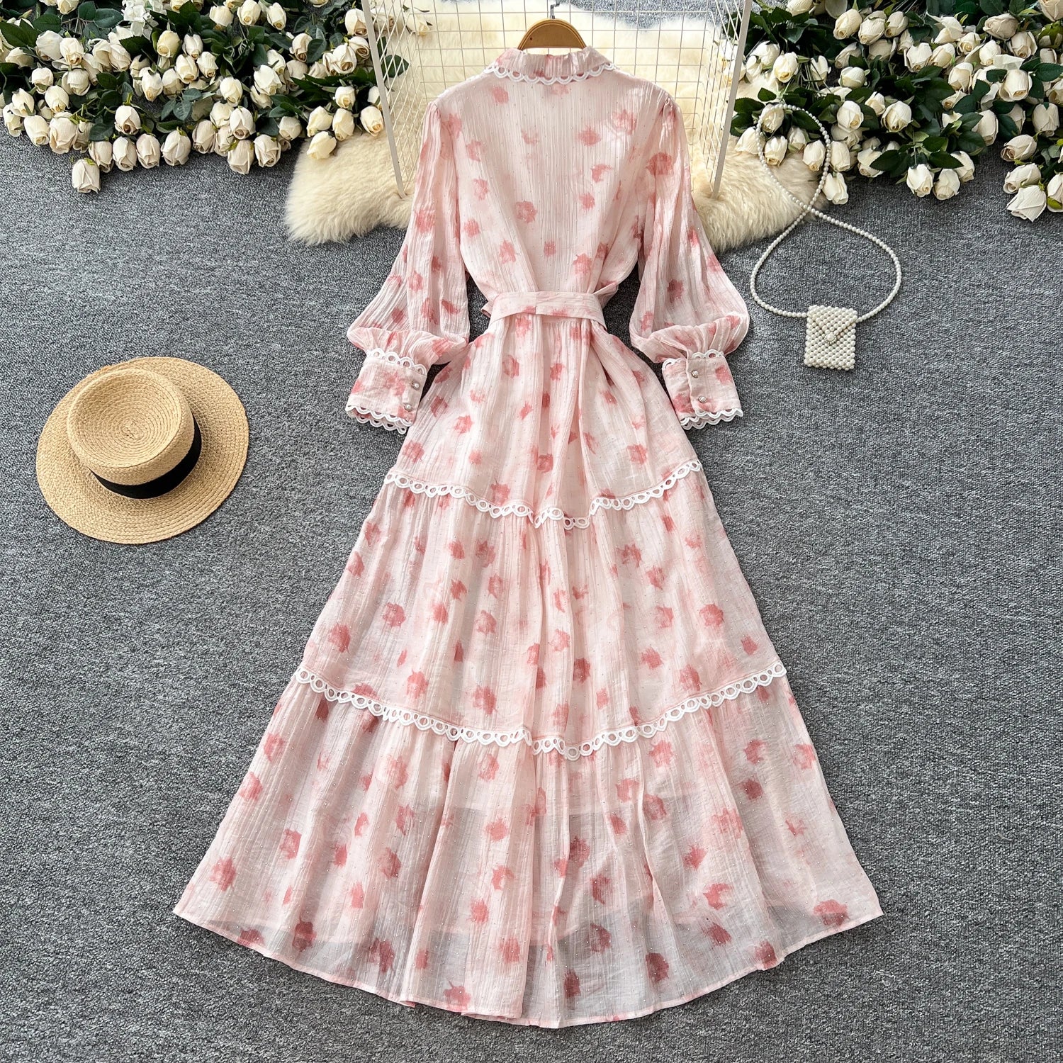 Chic vintage rhinestone lace-up slim Elegant Fairy korean fashion Boho Sundress women clothing Long dress