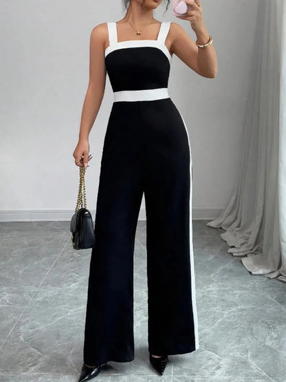 Women's Casual Black Jumpsuit White Contrast Trim Square Neck Great for City Nights Social Gatherings Fashionable Wear Badiee Stylez