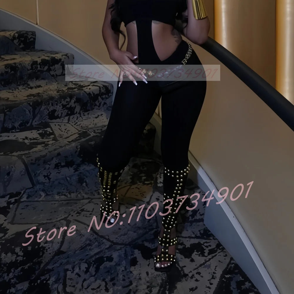 Gold Dome Studs Sandals Women Party Gladiator Open Toe Belt Buckle Zipper Knee High Shoes Female Sexy Black High Heels Sandals