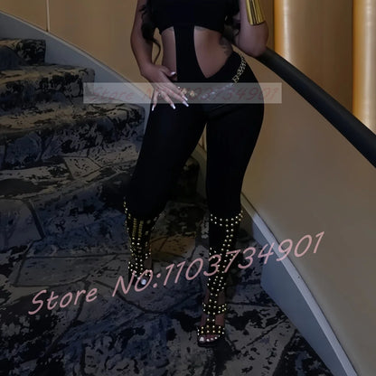 Gold Dome Studs Sandals Women Party Gladiator Open Toe Belt Buckle Zipper Knee High Shoes Female Sexy Black High Heels Sandals