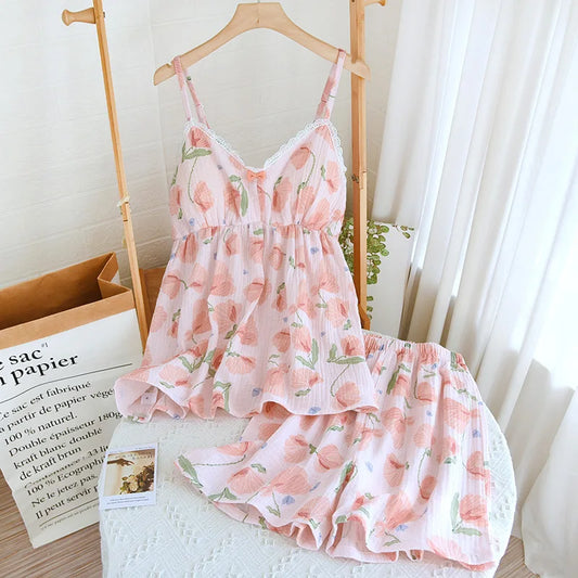2025 New Summer Women's Pajama Set 100% Cotton Suspenders+Shorts with Chest Pads Two Piece Set of Ladies Flower Home Furnishings