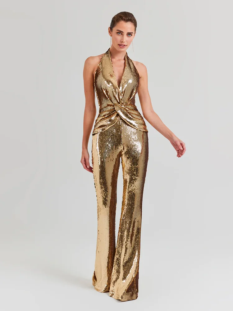 Women's Sleeveless Gold Sequin Jumpsuit Sexy V Neck Sparkle Sequined High Waist Wide Leg Pants Jumpsuit Celebrity Evening Party Badiee Stylez