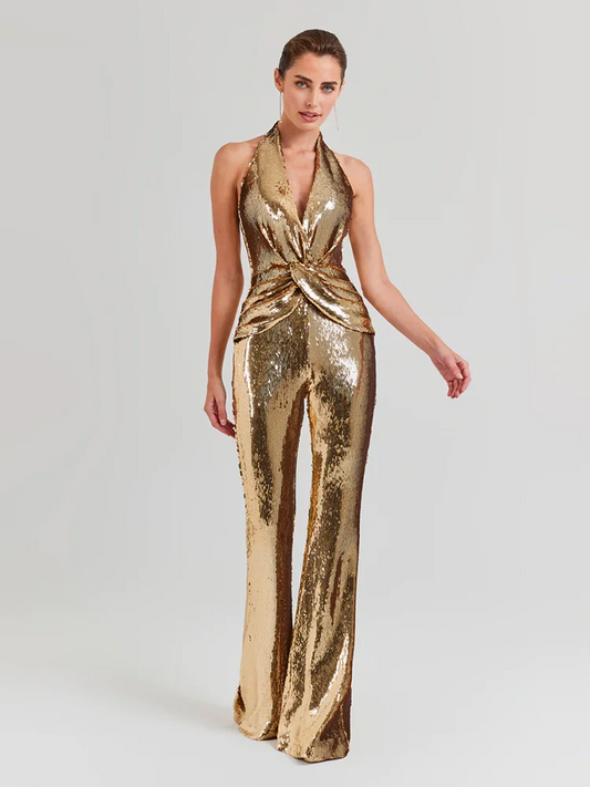 Women's Sleeveless Gold Sequin Jumpsuit Sexy V Neck Sparkle Sequined High Waist Wide Leg Pants Jumpsuit Celebrity Evening Party Badiee Stylez