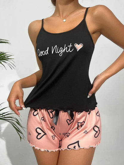 Women's pajamas new design a suspenders a pair of shorts two-piece pink pants black top love pattern cute elegant casual