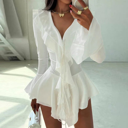 2025 New Autumn Irregular Hem Dress Women Y2K Flare Sleeve V-Neck Bandage Stretch Elegant Birthday Party Chic Hipster Bodycon Badiee Stylez