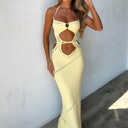 Women's Sleeveless Knit Long Dress Solid Color Halter Front Cutout Back Tie-Up Slim Dress Summer Beach Casual Dress