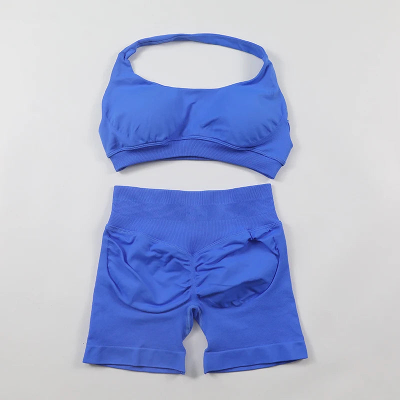 Fitness Shorts Sets Seamless Yoga Set Women 2Pcs Halter Sports Bra Scrunch Butt Gym Shorts Set Workout Clothes Summer Sportswear Badiee Stylez