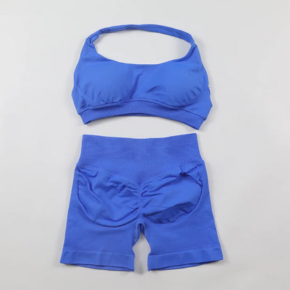 Fitness Shorts Sets Seamless Yoga Set Women 2Pcs Halter Sports Bra Scrunch Butt Gym Shorts Set Workout Clothes Summer Sportswear Badiee Stylez