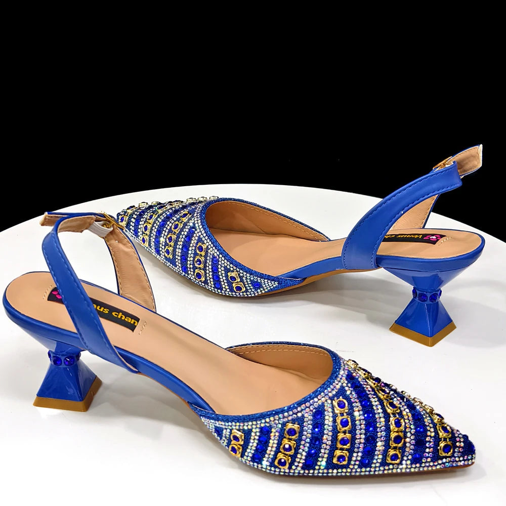 2025 Luxurious Italian Women's Party Shoes & Bag Set – Elegant Golden Rhinestone Spring/Summer Sandals with Pointed High Heels f