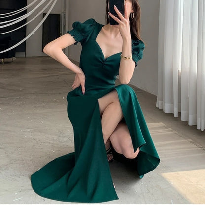 Solid Puff Short-Sleeved Elegant Slit Dress New Fashion Women V-neck Full Dresses Ladies High Waist Slim Evening Party Vestidos