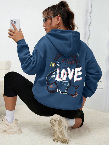 Graffiti Line Bear Simple Print Female Hoody Harajuku S-Xxl Sweatshirt Fashion Casual Street Hooded Autumn Warm Streetwear Women Haze Blue