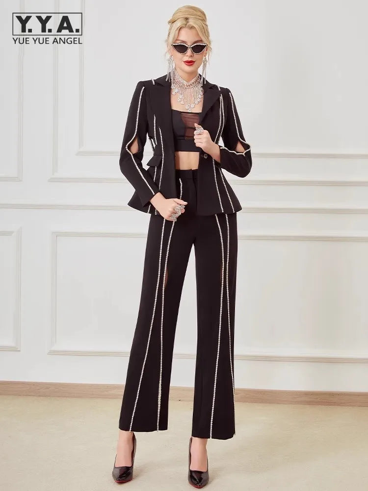 Designer Women Diamonds Hollow Out High Waist Slim Fit Blazers Top Straight Pants Two Piece Set Party Office Ladies Suits Set Badiee Stylez