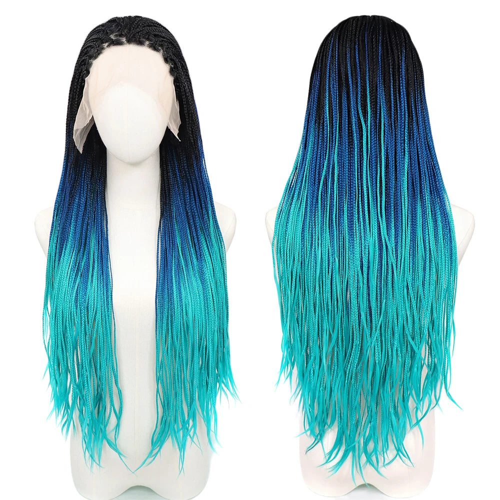 Ombre Blue Box Braided Wigs for Women 26inch Knotless Goddess Box Braid Lace Front Wig Colored Crochet Braid Synthetic Wig Ombre Blue 26inches 13x3 Lace Front