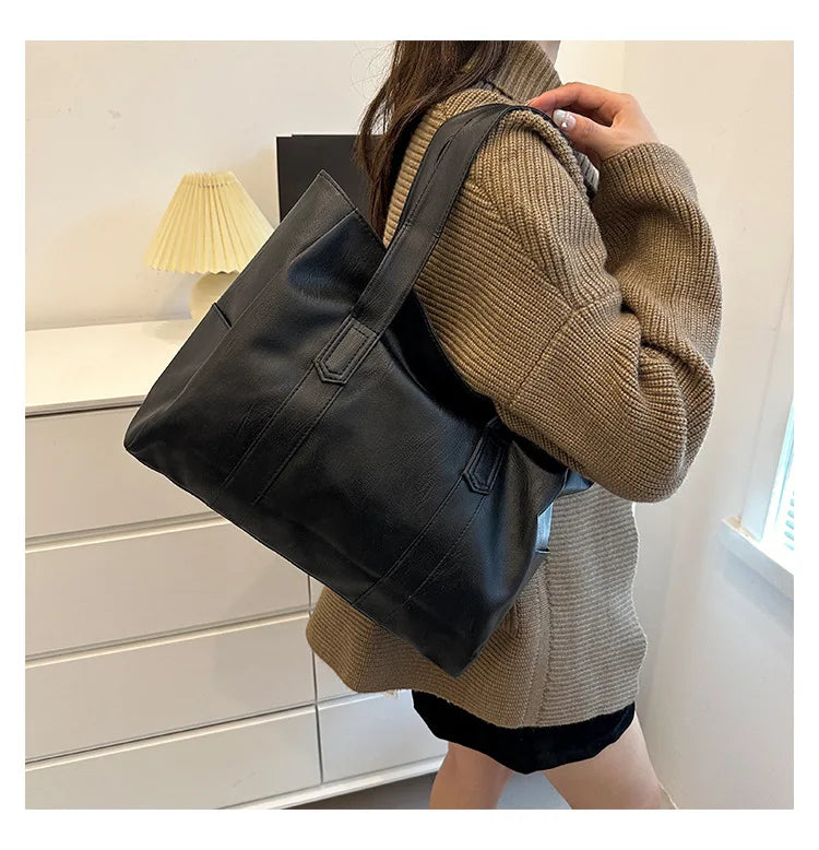 Vintage Large Capacity Tote Bag, Retro Vegan Shoulder Bag, Women's Casual Handbag For Commute ,Trendy Handbag with Soft Leather
