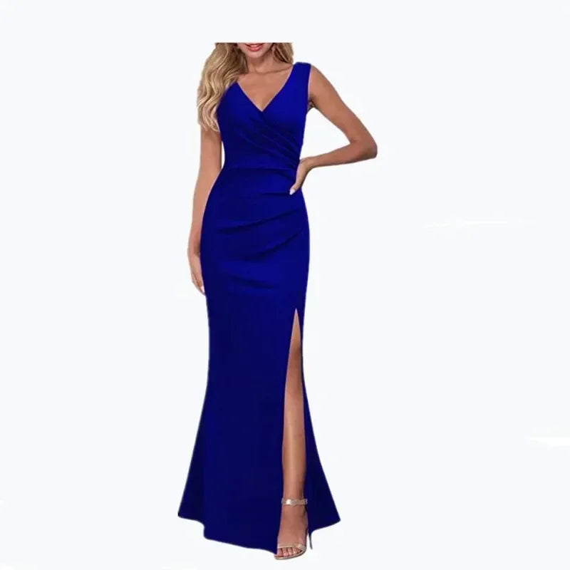 Women's V-neck Sleeveless Maxi Dress Summer Party Dance Slim Side Slit Evening Dress Sexy Backless Elegant Long Dress Partywear Blue