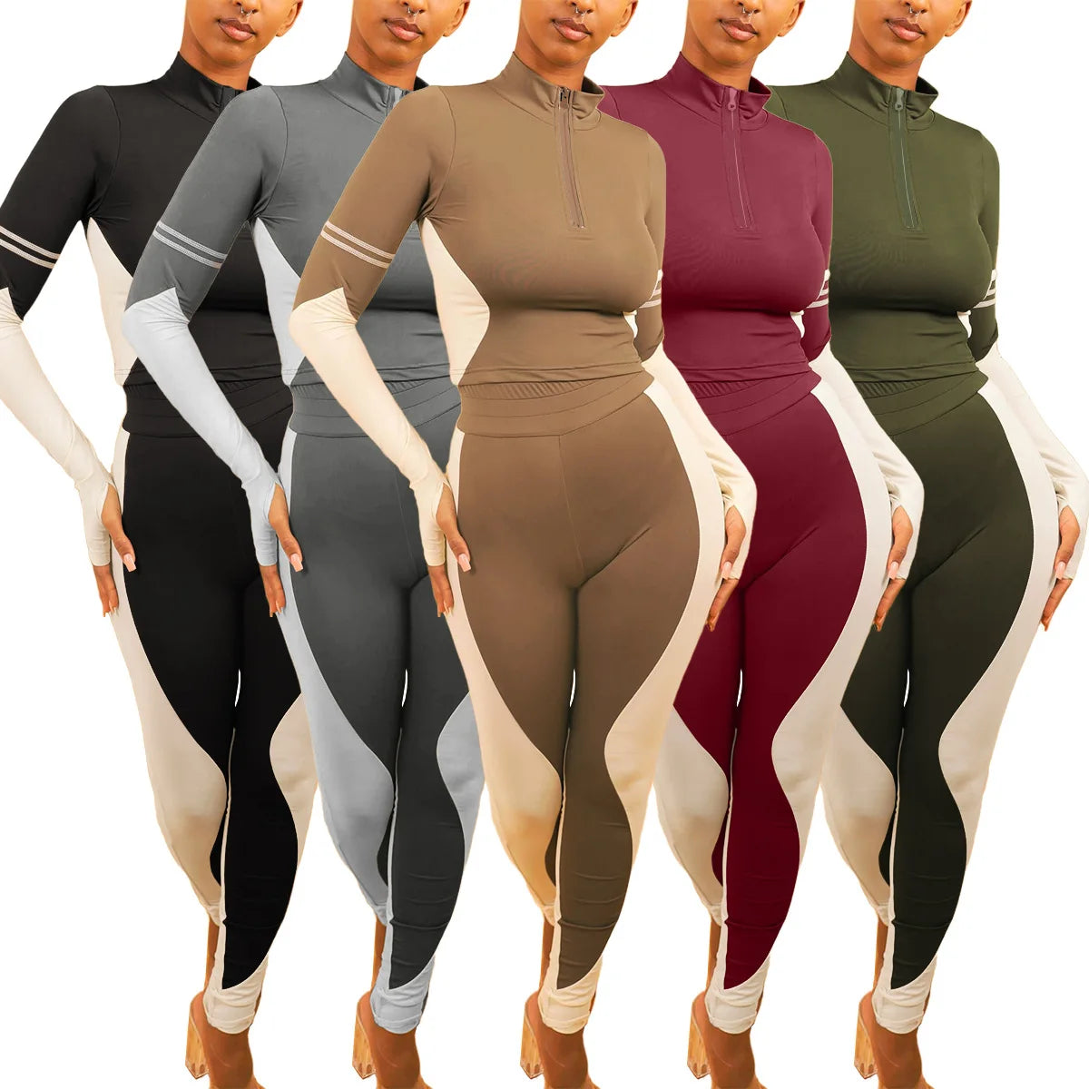 Y2K Color Matching Women'S Set Sweatsuit Two Piece Outfits Ladies' Standing Collar Sports Suit Slim Fit Long Sleeved Long Pants Badiee Stylez