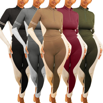 Y2K Color Matching Women'S Set Sweatsuit Two Piece Outfits Ladies' Standing Collar Sports Suit Slim Fit Long Sleeved Long Pants Badiee Stylez