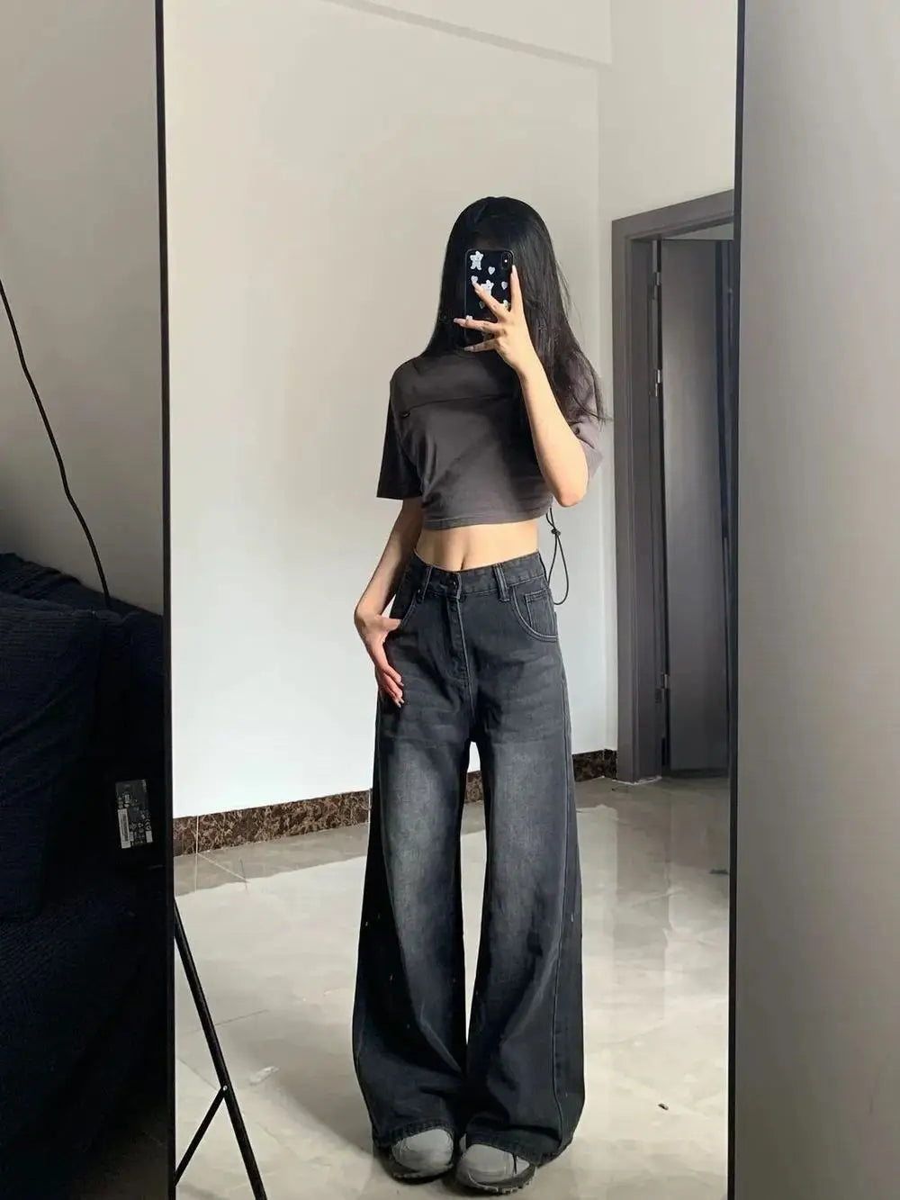 Korean Vintage High Waist Women's Jeans Y2K Slimming Pear-Shaped Loose Straight Bell Bottoms Black Gray Baggy Denim Trousers - Badiee Stylez