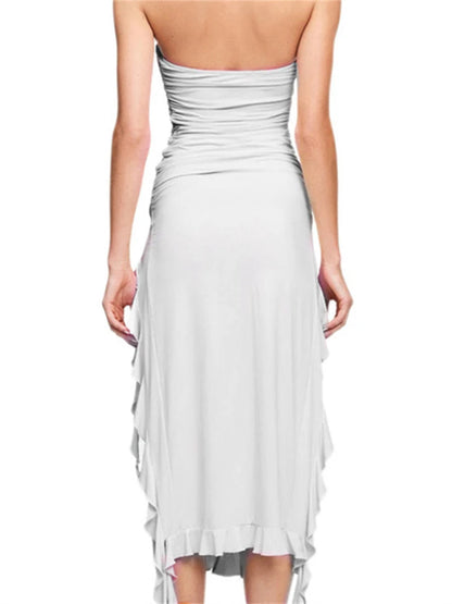 Sexy Strapless Off Shoulder Midi Dress Women Ruffles Split Beach Dress 2024 Summer Slim Fit Party Female Vestido