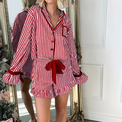 Striped Loungewear Christmas Pajamas Shorts Set Women Y2k Cute Bow Tie Pjs Button Up Shirt+Ruffle Shorts 2 Piece Sleepwear Red