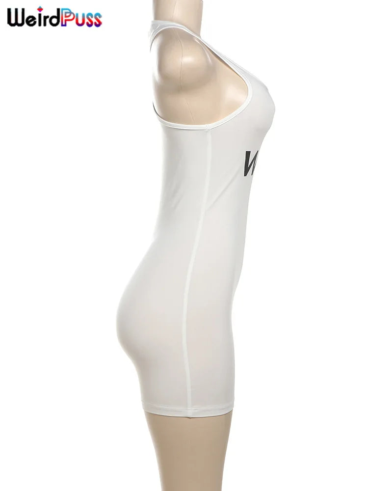 Weird Puss Letter Print Romper Women Low-Neck Sporty Casual Sleeveless Stretch Activity Skinny Playsuit Tight Short Overalls