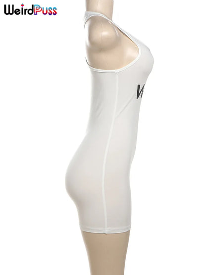 Weird Puss Letter Print Romper Women Low-Neck Sporty Casual Sleeveless Stretch Activity Skinny Playsuit Tight Short Overalls
