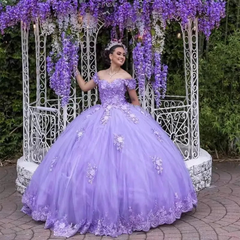 BOMARIS Lavender Ball Gown Quinceanera Dresses Princess Vestidos De 15 Anos XV Off Shoulder 3D Lace Birthday Party Customized Badiee Stylez