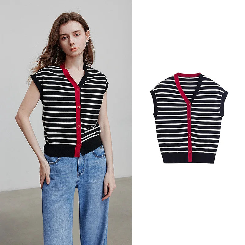 TOYOUTH Women Knitwear 2025 Summer New Short Sleeve Striped Contrast Color Pullover Tops 8523018 Black