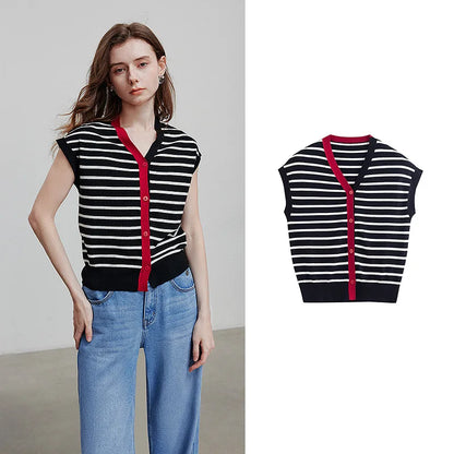 TOYOUTH Women Knitwear 2025 Summer New Short Sleeve Striped Contrast Color Pullover Tops 8523018 Black