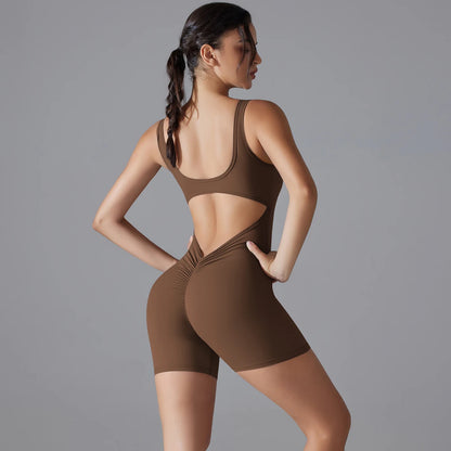 New V Back Scrunch Sports Jumpsuit Women Gym Rompers Sleeveless Sportswear Bodysuits Women Casual One-Piece Suit Yoga Clothing Brown