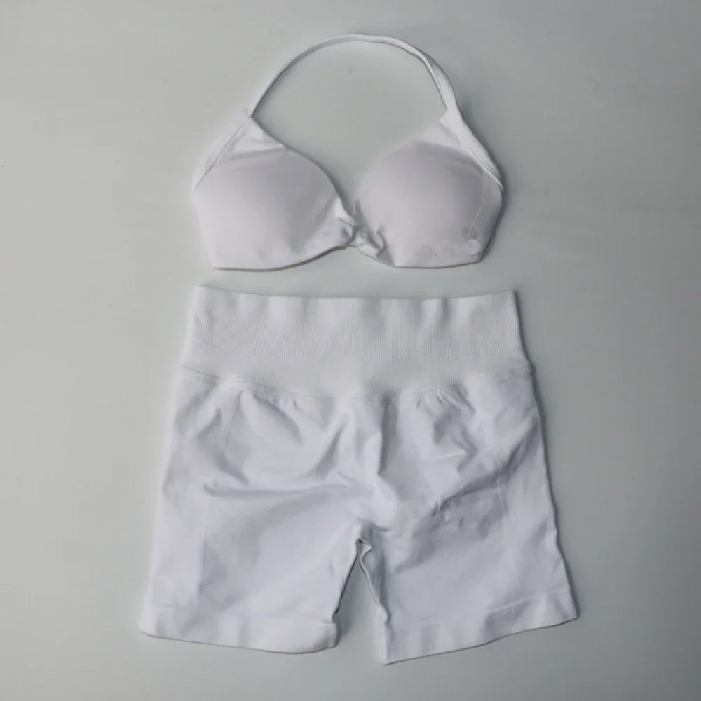 Impact Gym Set Women Two Piece Strappy Yoga Bra Top Workout Scrunch Shorts Suit Fitness Clothes Seamless Sportswear Workout Set WHITE