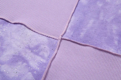 Chic Crop Tops Tees Tie Dye With Sequin Patchwork Women Summer T-shirts Ruffles Hem Purple Or Bule Clothes