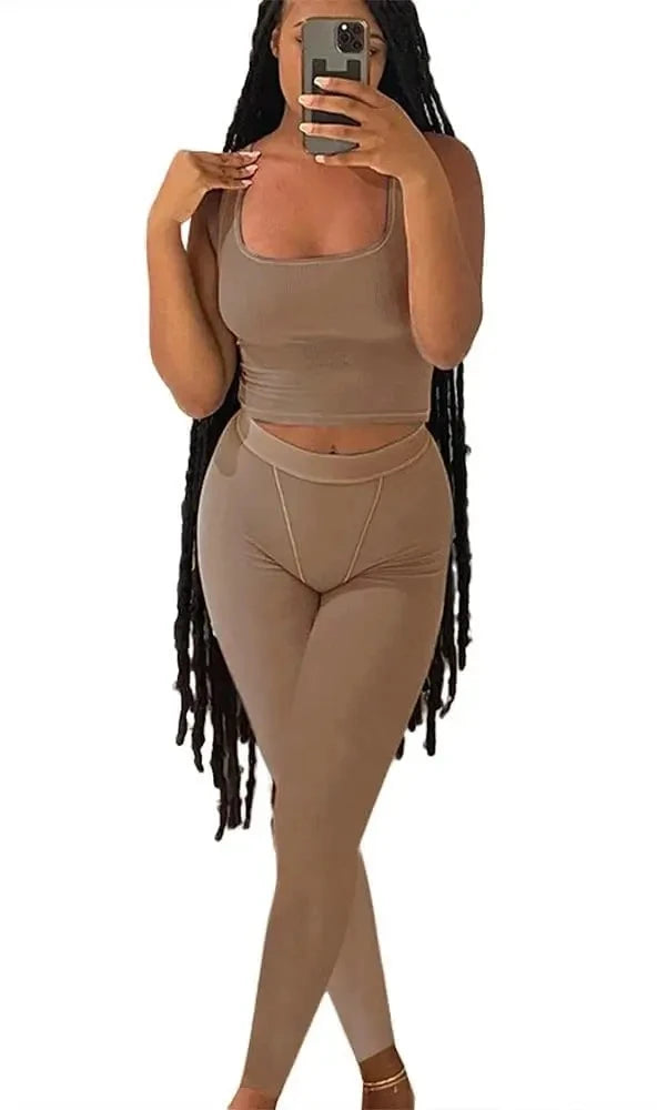 Lounge Wear Ribbed Casual 2 Piece Summer Shorts Set For Women Sleeve Top+Elastic Leggings Outfits Champagne
