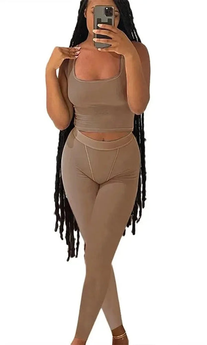Lounge Wear Ribbed Casual 2 Piece Summer Shorts Set For Women Sleeve Top+Elastic Leggings Outfits Champagne