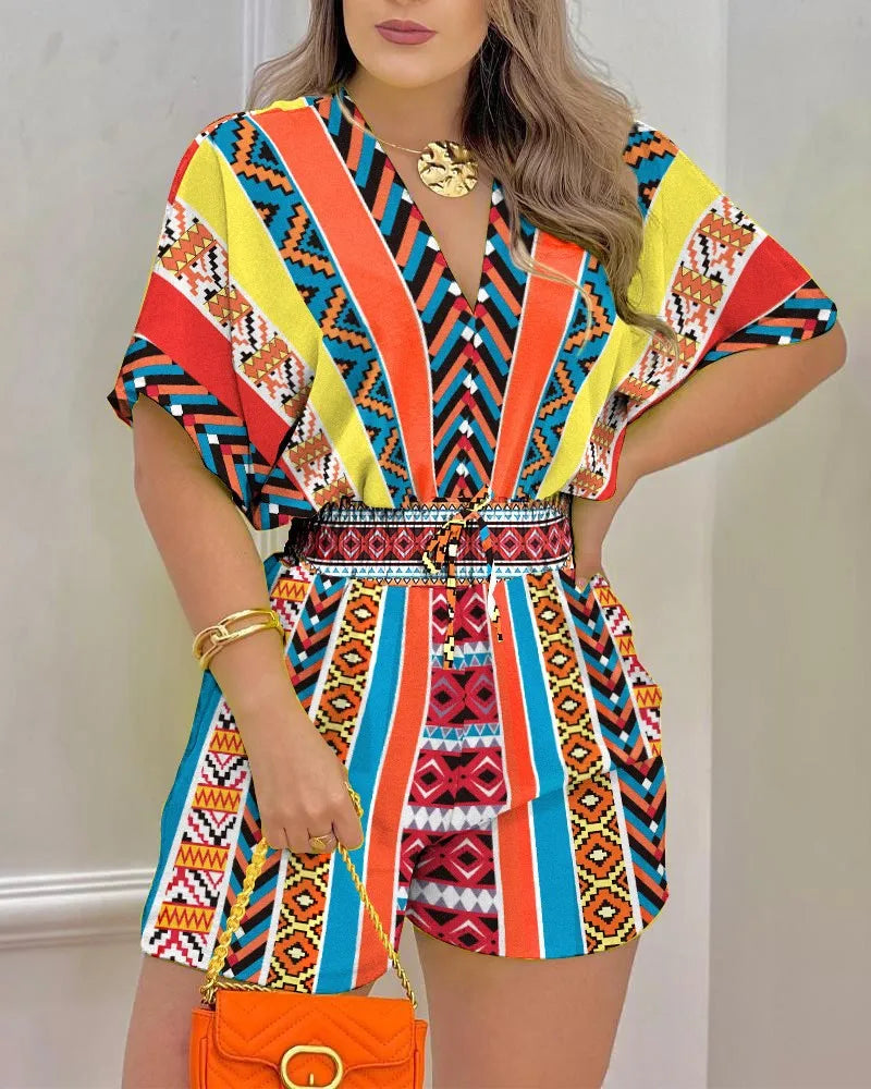 Jumpsuit Women Summer Women Loose Casual Printing Jumpsuit 2024Elegant Women Fashion V-neck Short Sleeve Waist Shorts Jumpsuit