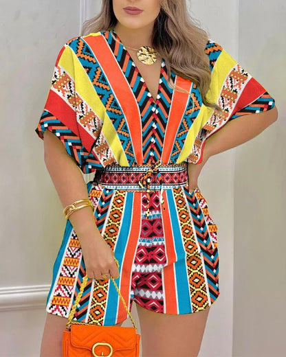 Jumpsuit Women Summer Women Loose Casual Printing Jumpsuit 2024Elegant Women Fashion V-neck Short Sleeve Waist Shorts Jumpsuit