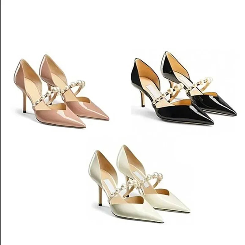 Spring/Summer New Pointed High Heels Hollow Fashion Banquet Pearl Hollow V-Mouth Women's Thin Heels Shallow Mouth Sandals