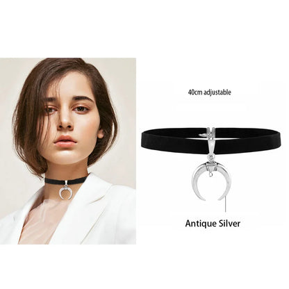 Sexy Trendy Vintage Charm Round Gothic Collar Necklaces Jewelry Gift Gothic Leather Heart Harajuku Women Punk Choker Necklace Crescent Moon 40cm adjustable