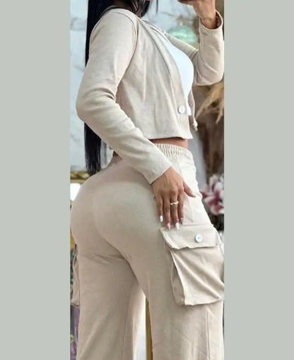 Women's Spring Summer New Fashionable Solid Color Printed Sexy Waist Short Top Casual Pants Set For Women