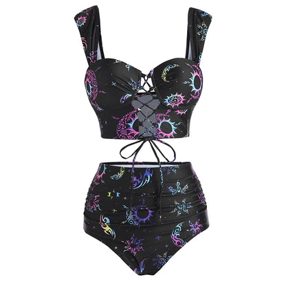 Dressfo Women's Vintage Tanknini Swimsuit Sun Moon Print Lace Up Cut Out Ruched High Waist Bottom Push Up Underwire Swimwear Black