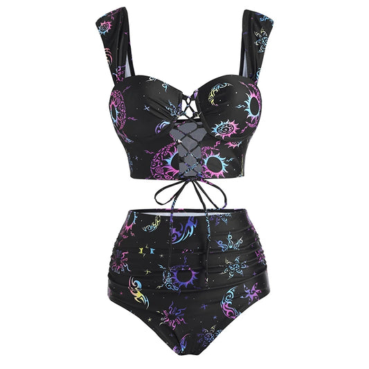 Dressfo Women's Vintage Tanknini Swimsuit Sun Moon Print Lace Up Cut Out Ruched High Waist Bottom Push Up Underwire Swimwear Black