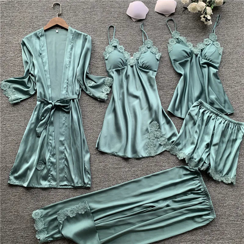 Pajamas Five Piece Set Sexy Lace Trim Nightgown Nightwear Spring Summer Women Bath Robe Loose Silk Satin Home Wear Pijamas Suit Green 5PCS Set A