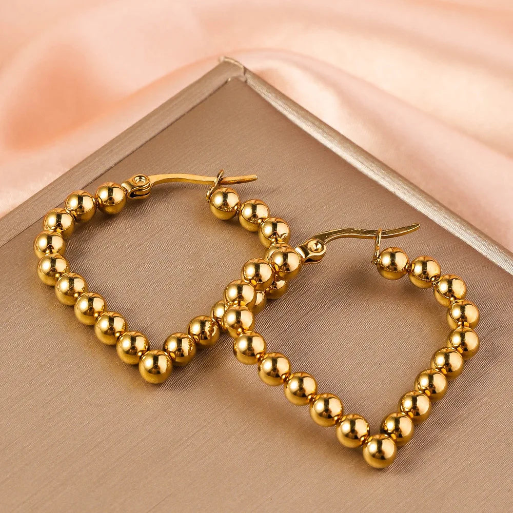Stainless Steel Women's Hoop Earrings, Non Fading Fashionable Gold Color Metal Bead Earrings, Classic Jewelry Accessories