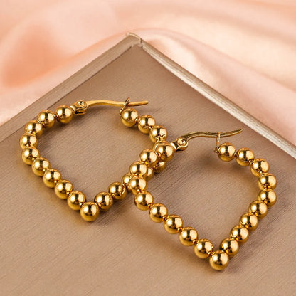 Stainless Steel Women's Hoop Earrings, Non Fading Fashionable Gold Color Metal Bead Earrings, Classic Jewelry Accessories