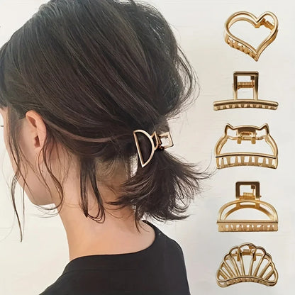 Fashion Simple Non Slip Mini Hollow Heart Metal Hair Claw Clips Gold Geometric Bangs Barrettes Hair Jaws For Women Girls Daily 5PCS