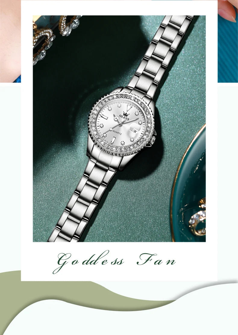 OLEVS Original Diamond Dial Quartz Watch for Women Fashion Elegant Ladies Watches Stainless Steel Waterproof Women's Wristwatch