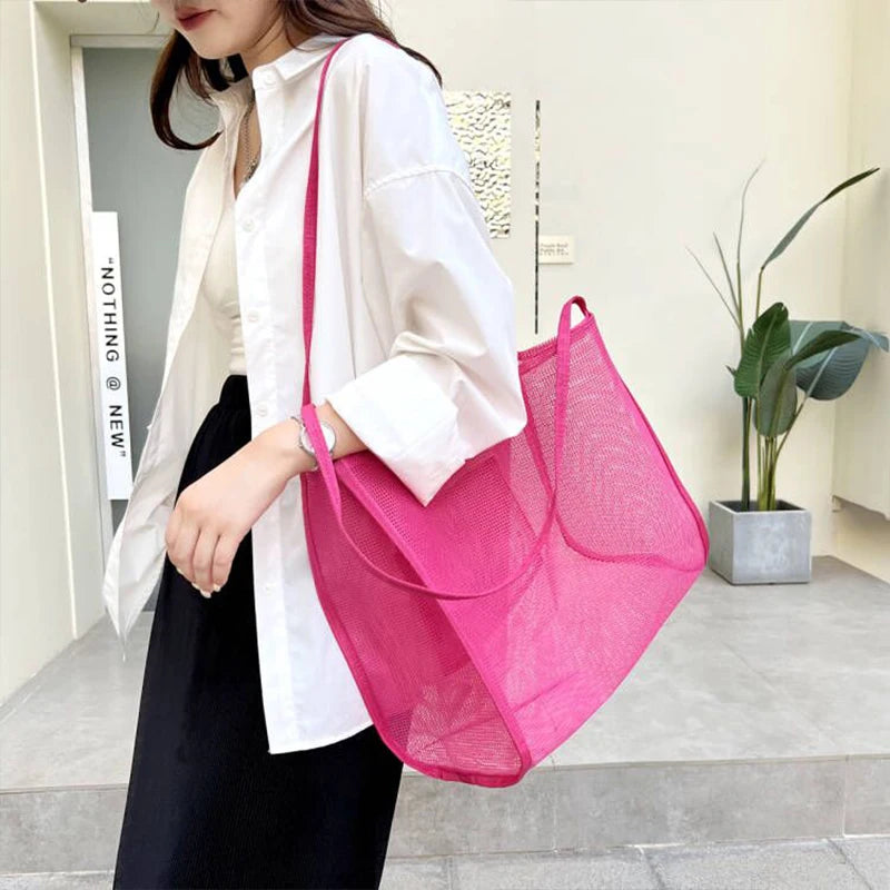 Summer Fashion Mesh Handbag Totes Hollow Out Shoulder Bags For Women Female Casual Fashion Large Capacity Shopping Pack