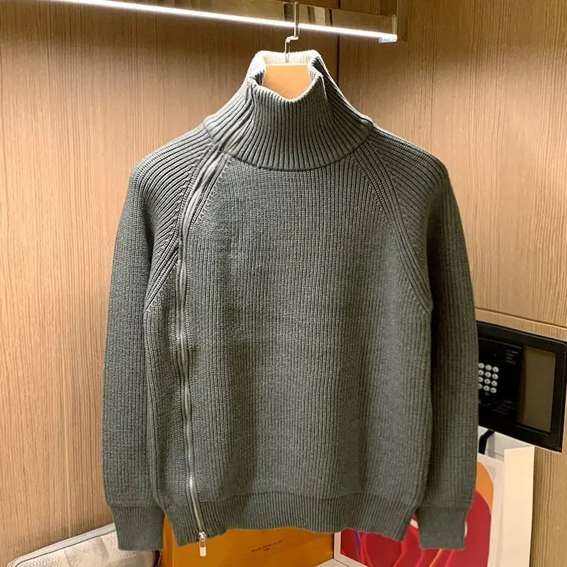 2025 Trendy Brand Solid Color Half Turtleneck Sweater for Men in Winter Personalized Side Zipper Sweater Design Warm Top Badiee Stylez