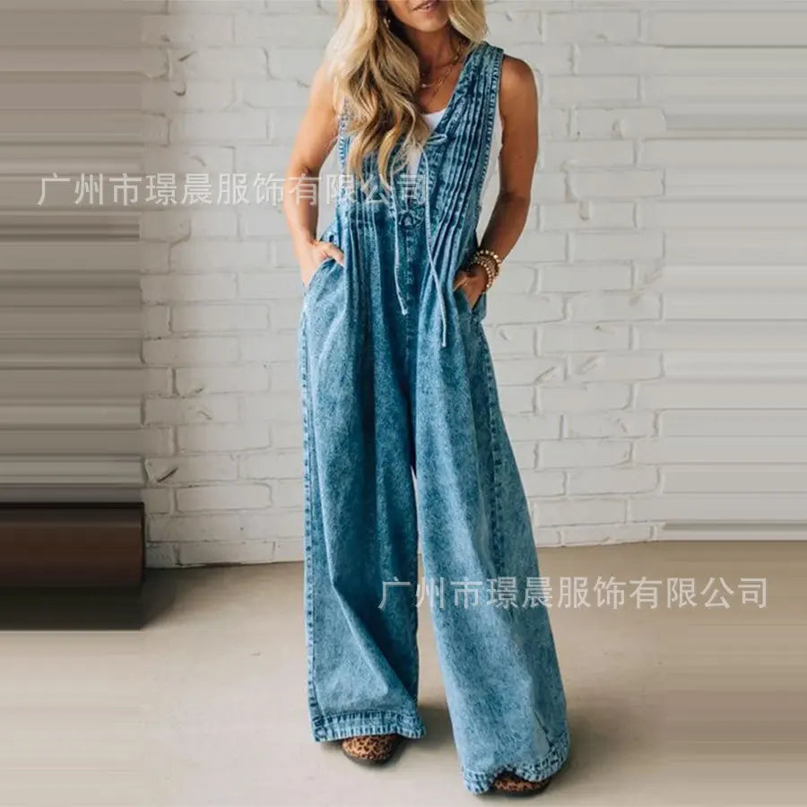 Fashion Casual Jumpsuit Women's 2025 Loose Sleeveless Solid color Pleated Lace-up One Piece Set Romper Pocket Playsuit（no Denim） Badiee Stylez